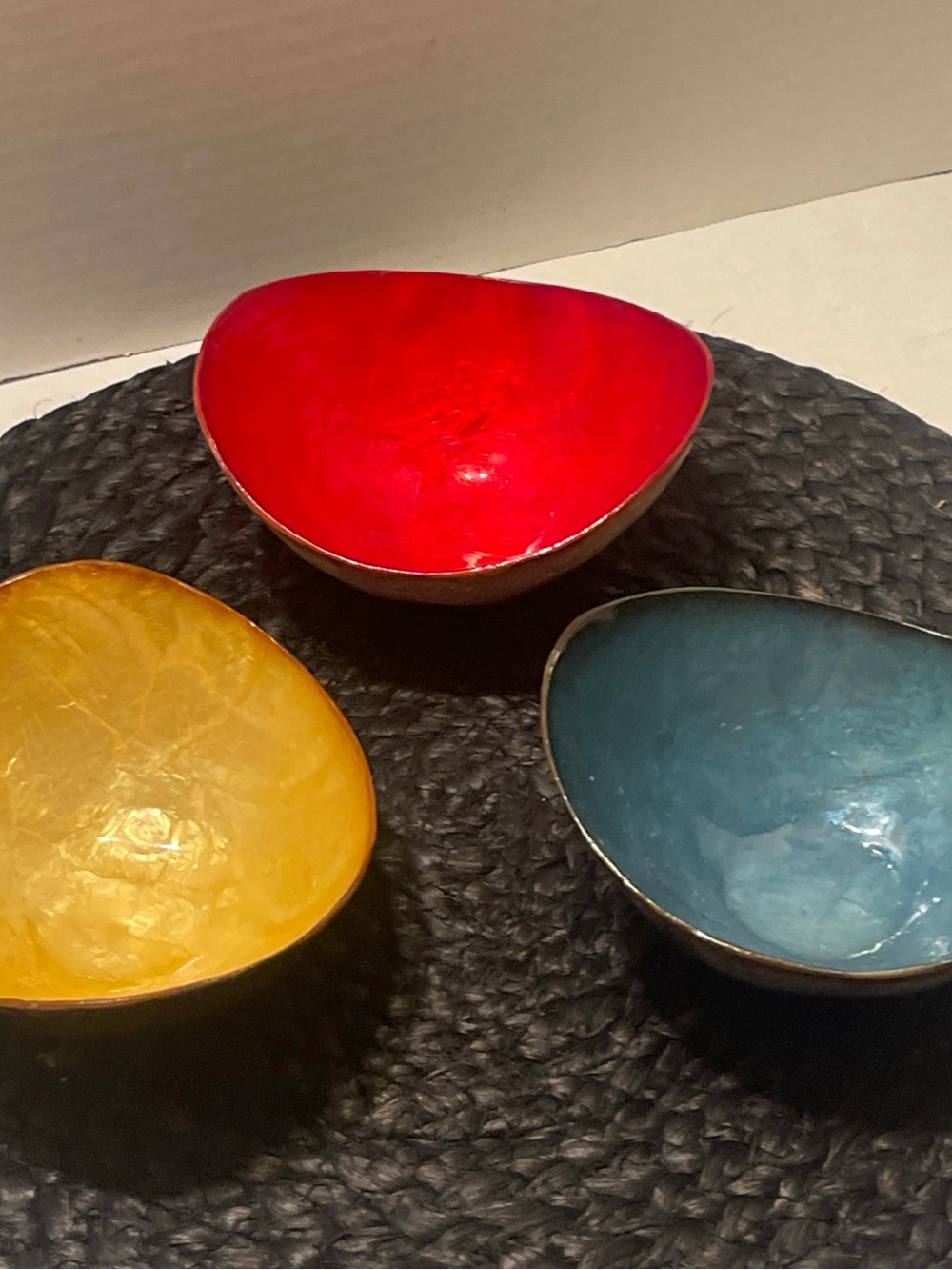 Vintage Capiz shell bowls Set of Red, Yellow, and Teal Accent Bowls